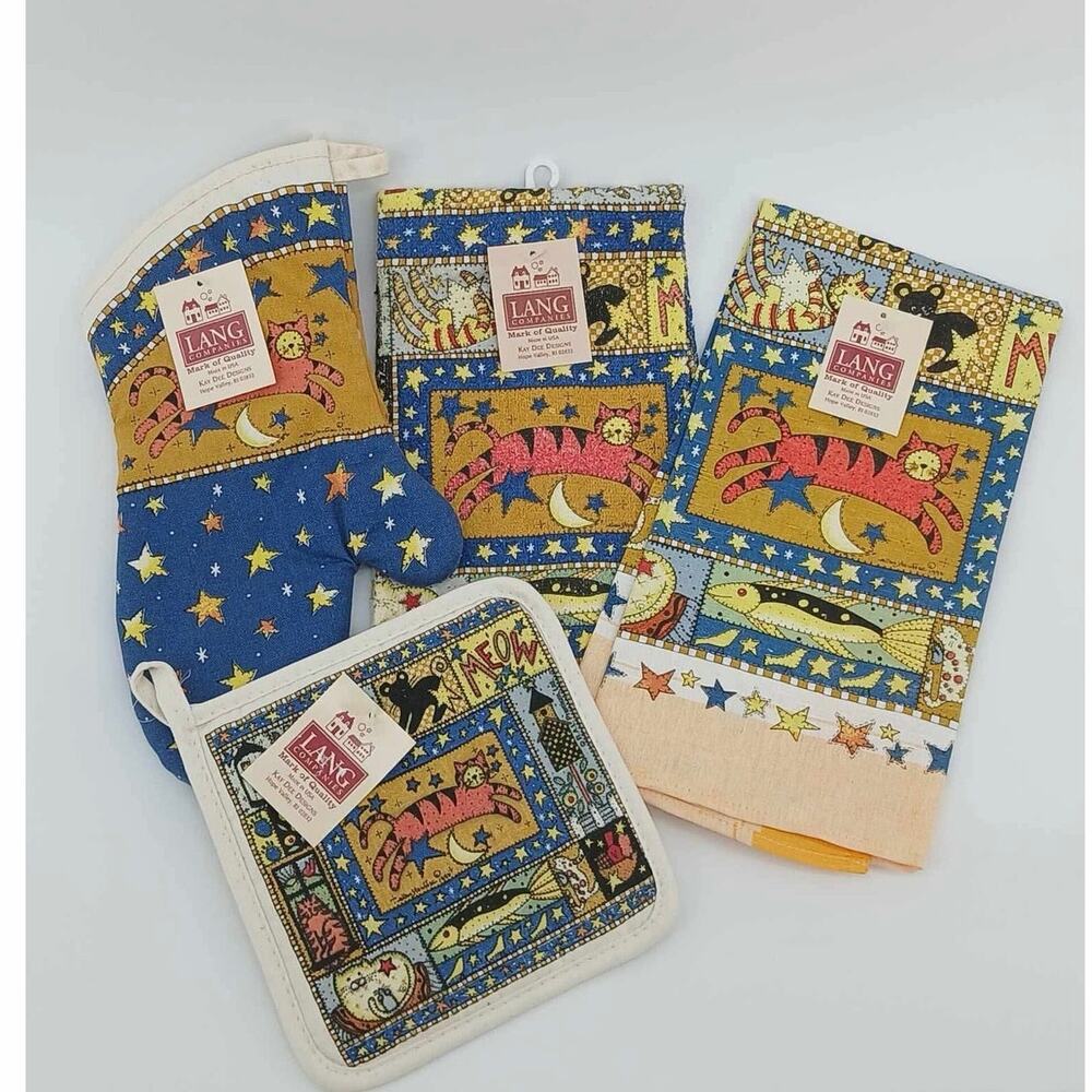 Country cabin, cat jumping over the moon kitchen towel pot holder set